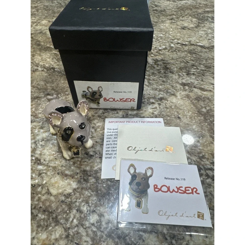 Objet D'Art #119 BOWSER Dog With Gold Chain Blinged Hinged Trinket‎ Box